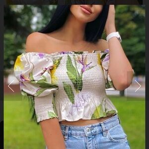 Zara Floral Off-Shoulder Crop Top - Cream and Green